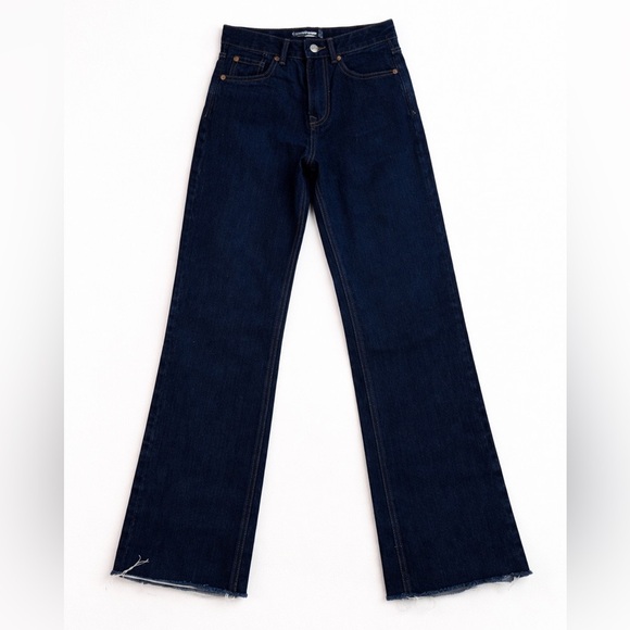 stradivarius Denim - Stradivarius Navy Flare Jeans High Rise Y2K Wide Leg Size 2